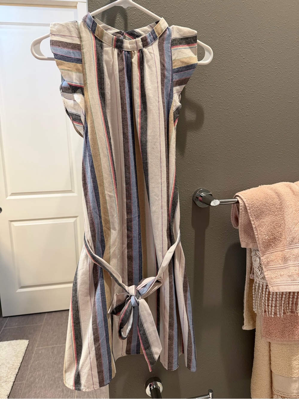 entro Striped Sleeveless Tie-Waist Mini Dress in Cream, Blue, Tan, Pink